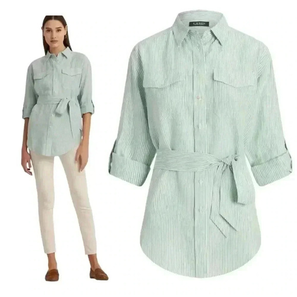 Lauren Ralph Lauren Striped Belted Linen Green/White Shirt Multicolor Medium